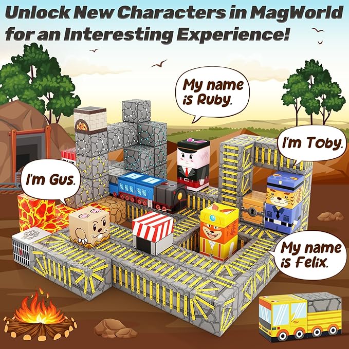 Magnetic Blocks - Build Mine Magnet World Mine Train Track Set, Magnetic Building Blocks Toddler Toys STEM Sensory Outdoor Toys for 3+ Year Old Boys & Girls, Kids Toys for Ages 4-6 6-8 5-7
