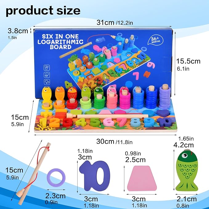 Wooden alphanumeric Shapes Jigsaw Ring Count Classification Toys Math Shapes Building Blocks Toddler Learning Playboard Math Fishing Educational Toys Montessori Educational Toys (color3)