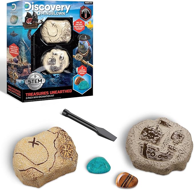 Discovery #MINDBLOWN Mini Unearthed Treasure Set, 2 Pack Excavation Kit w/Chisel, Uncover 2 Gemstones, Interactive Archaeology Geology Paleontology Experiment, Fun & Educational STEM Toy for Kids 6+