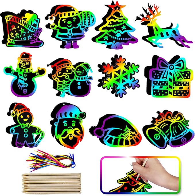 Max Fun Christmas Crafts Scratch Art for Kids, 96PCS Ornaments Rainbow Magic Color Scratch Off Cards Paper Hanging Art Craft Supplies Educational Toys Kit for Kid Party Favor