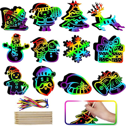 Max Fun Christmas Crafts Scratch Art for Kids, 48PCS Magic Rainbow Scratch Off Paper Cards, Christmas Ornaments Hanging Art for Kids Party Favors Supplies, Stocking Stuffers Educational Toys