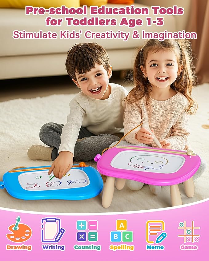 KOKODI Toys Gifts for 1 2 3 Years Old Girl, Sturdy Magnetic Drawing Board Sketch Doodle Pad, Educational Learning Birthday Easter Gifts Basket Stuffers for Kids Toddler - Left Hands Friendly (Rose)