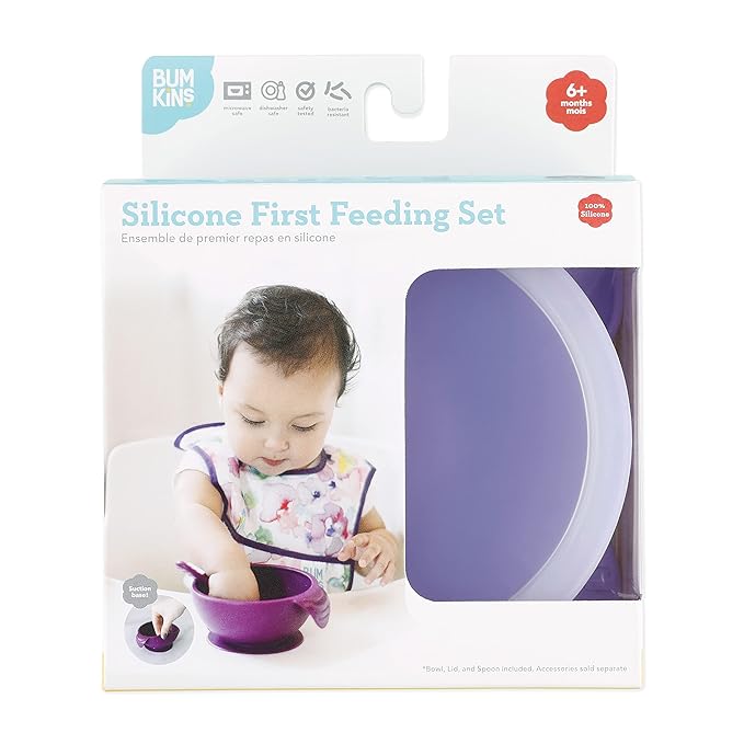 Bumkins Baby Bowl, Silicone Feeding Set with Suction for Baby and Toddler, Includes Spoon and Lid, First Feeding Set, Training Essentials for Baby Led Weaning for Babies 4 Months Up, Lavender