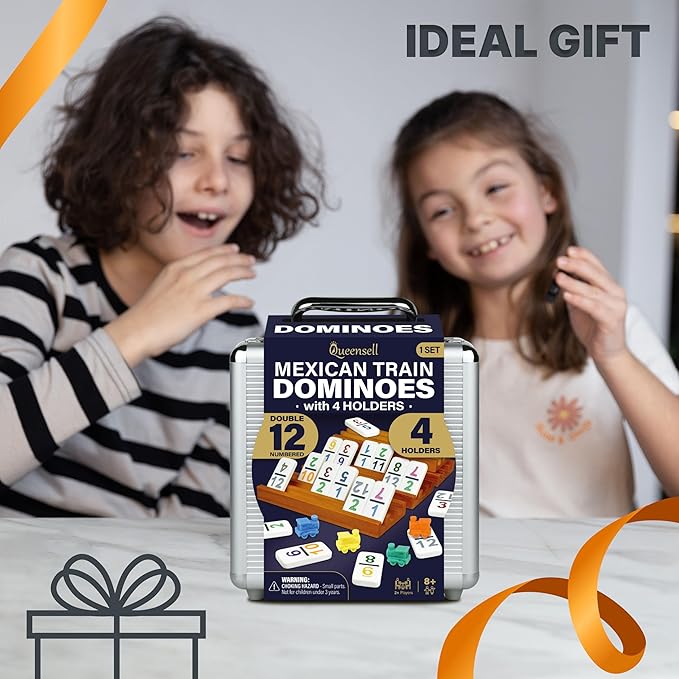 Queensell Mexican Train Dominoes Set with Numbers and 4 Holders - Wooden Hub and Domino Holders - Double 12 with Numbers (D12 Numbers + 4 Holders)