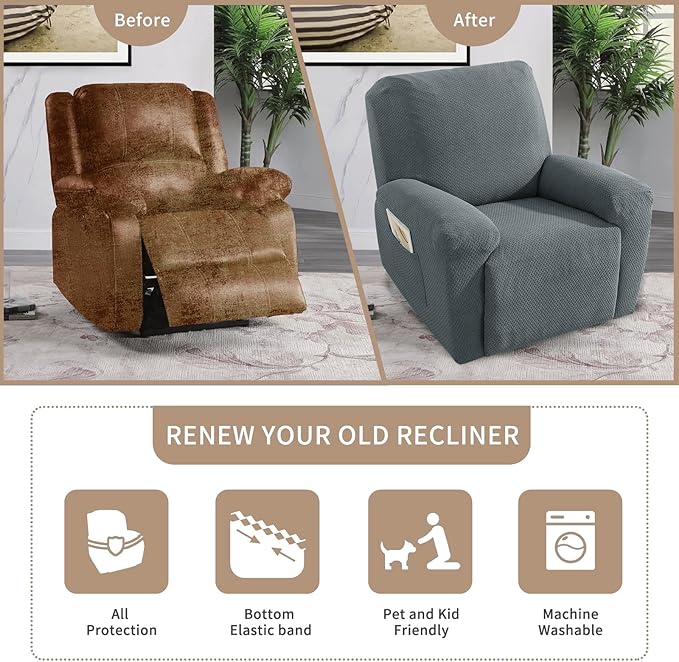 JIVINER Stretch Recliner Chair Covers 4 Piece Recliner Cover with Side Pocket Jacquard Reclining Sofa Slipcovers Soft Recliner Protector with Elastic Bottom (Recliner, Light Gray)