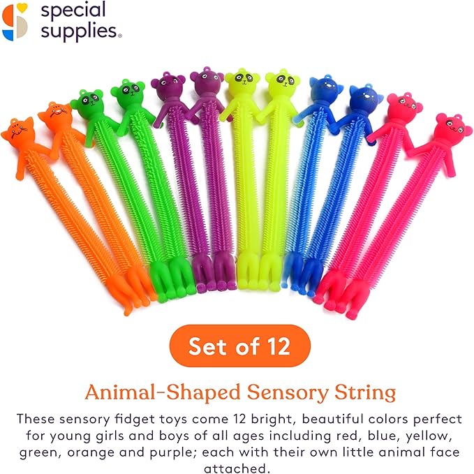 Special Supplies Kid’s Sensory Toys Fidget Strings with Cute Animal Faces, Set of 12, Tactile Stimulation for Hand-Eye Coordination, Textured Stretchy Silicone, Fun for Girls and Boys