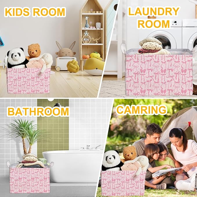 Pink Bow Foldable Storage Bins, Waterproof Toy and Clothes Organizer for Nursery Room, Pink Cute Decorative Fabric Basket for Girls Bedroom, Foldable Gift Box for Game Room, Bow Party Decor