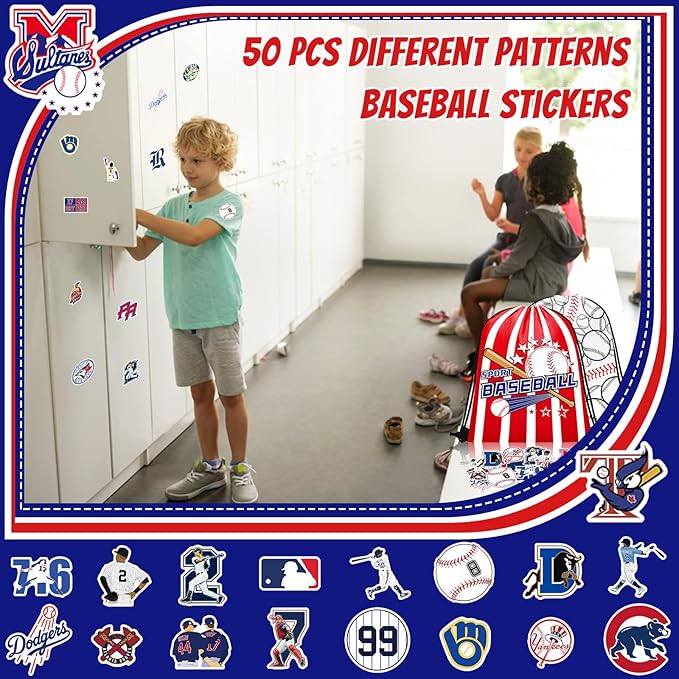 110 Pcs Baseball Party Favors Drawstring Bags with Keychains Silicone Bracelets Stickers Baseball Goodie Bags Gift Bags for Sports Birthday Party Supplies Baseball Themed