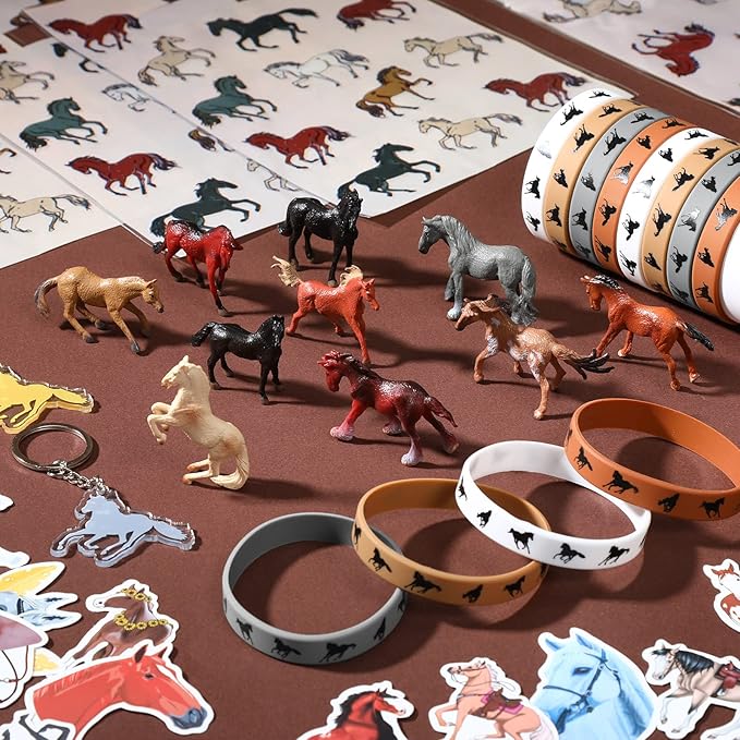 106 Pc Horse Party Favors Set - Supplies Include 20 Bags, 12 Silicone Bracelets, 12 Keychains, 12 Mini Toys & 50 Stickers for Horse Party