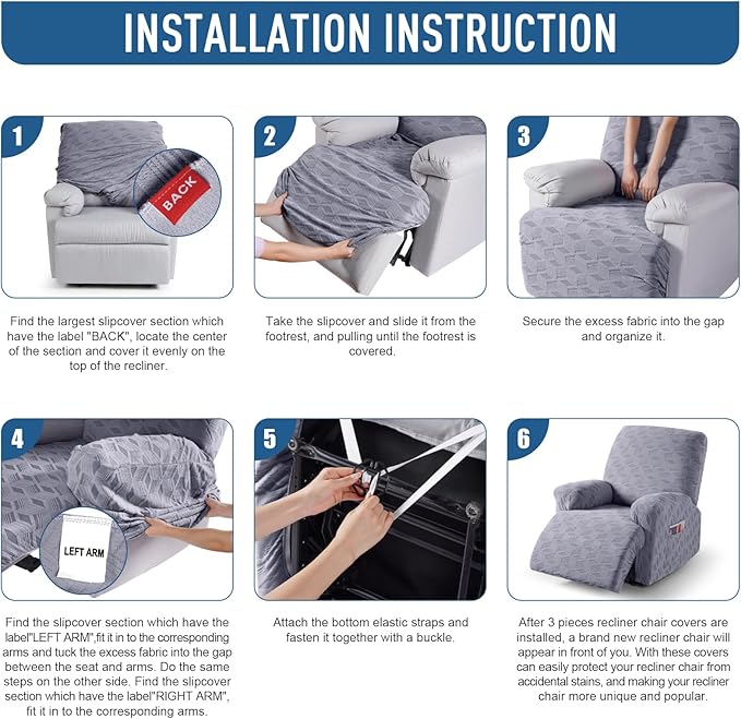 TAOCOCO Oversized Recliner Cover Stretch Recliner Chair Covers, Jacquard Reclining Chair Cover, Furniture Protector Sofa Slipcovers Couch Covers with Elastic Bottom for Kids, Pets (Light Grey)