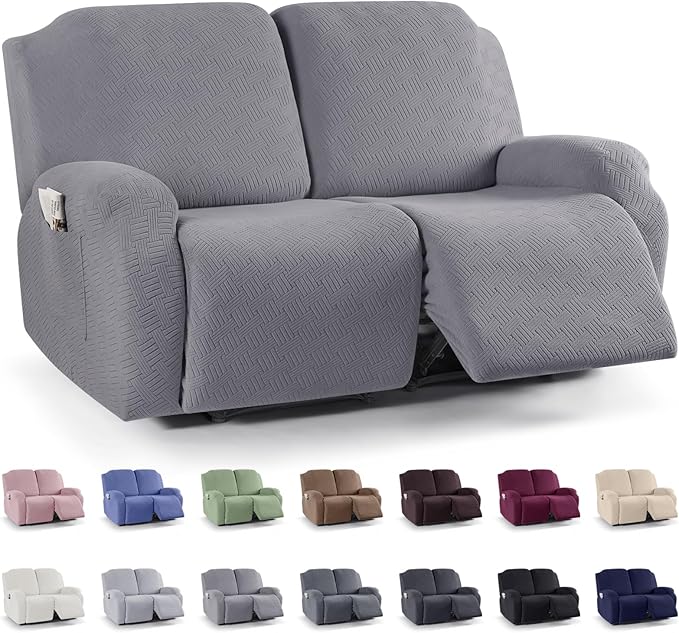 KinCam Recliner Covers, Stretch Reclining Chair Covers, Recliner Sofa Slipcovers Stripe Jacquard Recliner Couch Covers Furniture Protector Covers for Pet Kid (2XL Seater, Light Gray)
