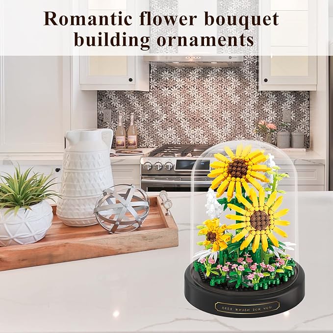 Sunflower Flower Bouquet Set,Mini Bricks Botanical Collection Flowers Building Blocks,Assembly Bonsai Tree Friends Sets, Valentine's Anniversaries Birthday Gift for Women Friends Adults
