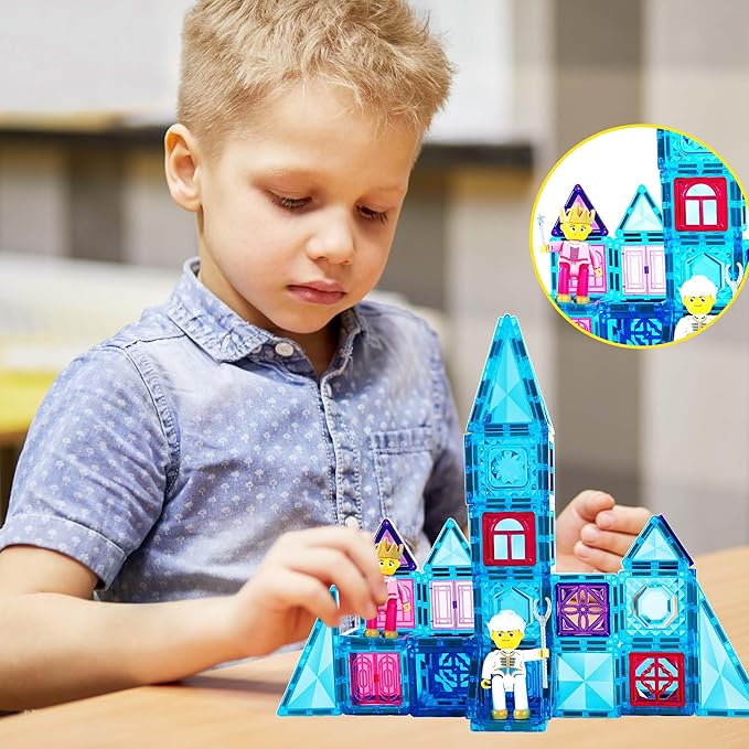 PicassoTiles 71pc Mini Diamond Series Winter Ice Theme Magnetic Tile Building Blocks 2 Character Action Figures Travel Size On-The-Go Magnet Construction Toy Set STEM Development Kit Ages 3+ PTM71