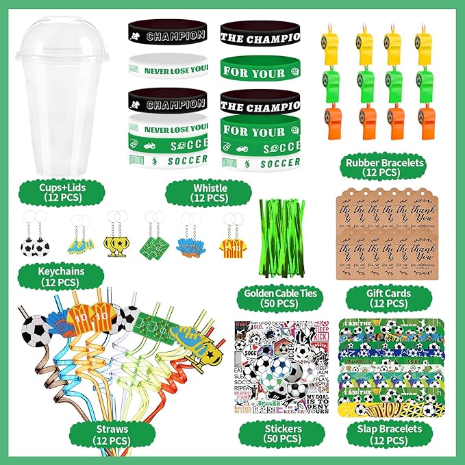 Soccer Party Favors 184 Pcs Soccer Birthday Party Decoration With Cups Straws Slap Bracelets Whistles Wristbands Keychains Stickers Thank you Tags for Sports Party Supplies (Soccer)