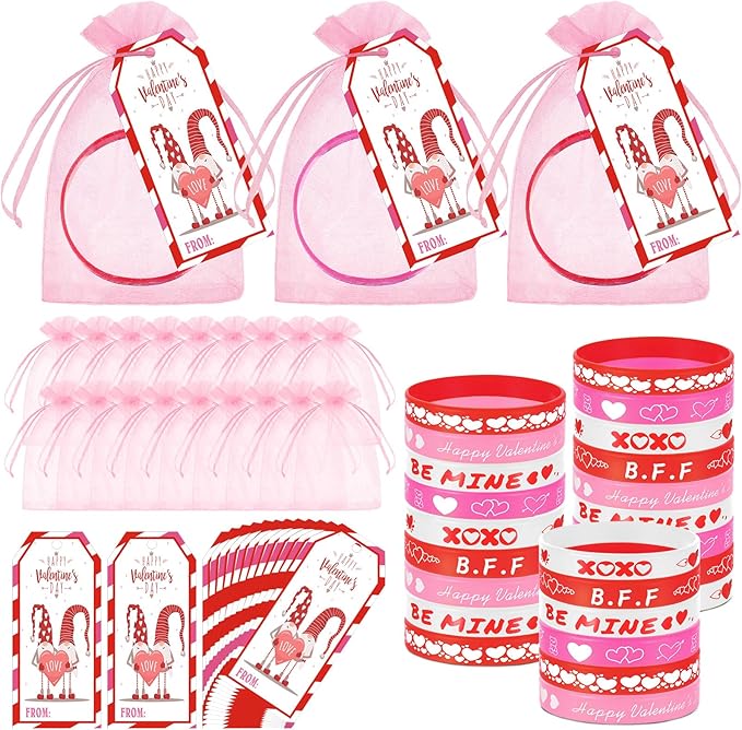 Liliful 24 Set Valentine's Day Classroom Gifts for Kids, 24 Pink Red Love Heart Silicone Wristbands with Cards and Organza Bags for Students Exchange Gift Valentine Party Favors Goodie Bag Stuffers