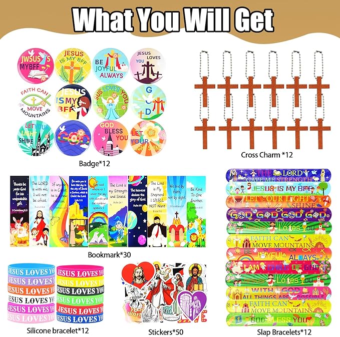 128Pcs Christian Christmas Party Favors Religious Gifts for Kids, With Bible Verse Bookmarks Cross Charm Keychains Jesus Bracelets Badge Stickers, for Sunday School Classroom Reward Prize