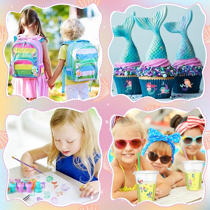 Colarr 161 Pcs Mermaid Party Favor Mermaid School Stationery Set Includes Gift Cup Notebook Pencil Sharpener Eraser Keychain Stamp Slap Bracelet Sticker Card for Mermaid Birthday Supplies