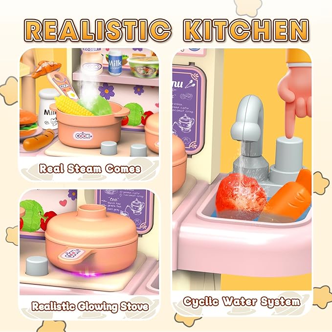 Mini Kids Kitchen Playset with Apron, Play Kitchen Toy with Realistic Steam and Lights, Play Sink and Toy Kitchen Accessories, Pretend Play Gift for Toddlers 3-5 Boys Girls (Pink)