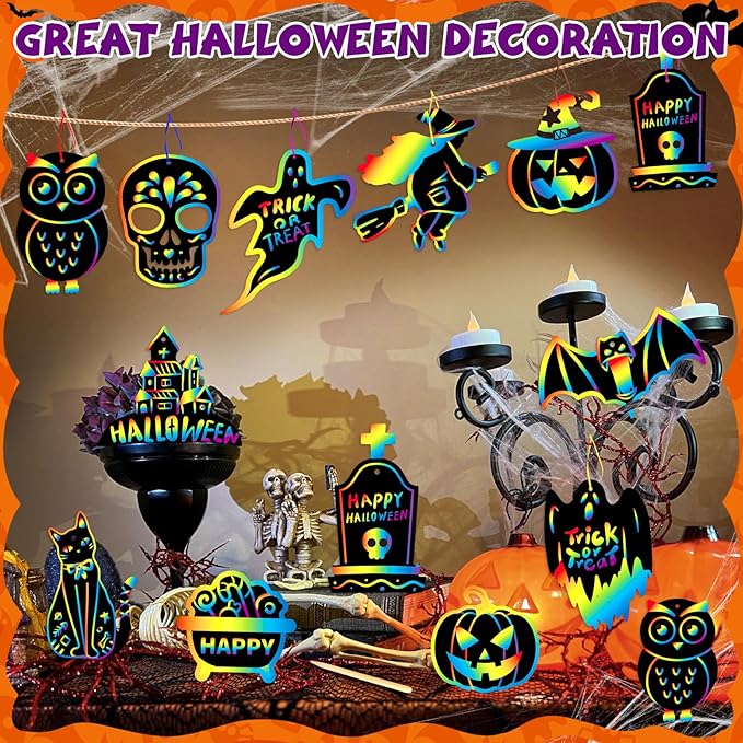 YEGEER 48PCS Halloween Craft Kit for Kids, Magic Scratch Off Paper Hanging Halloween Ornaments Set with 24pcs Wooden Stylus 48pcs Cords for Halloween Games, Halloween Party Favors, Art Craft Supplies