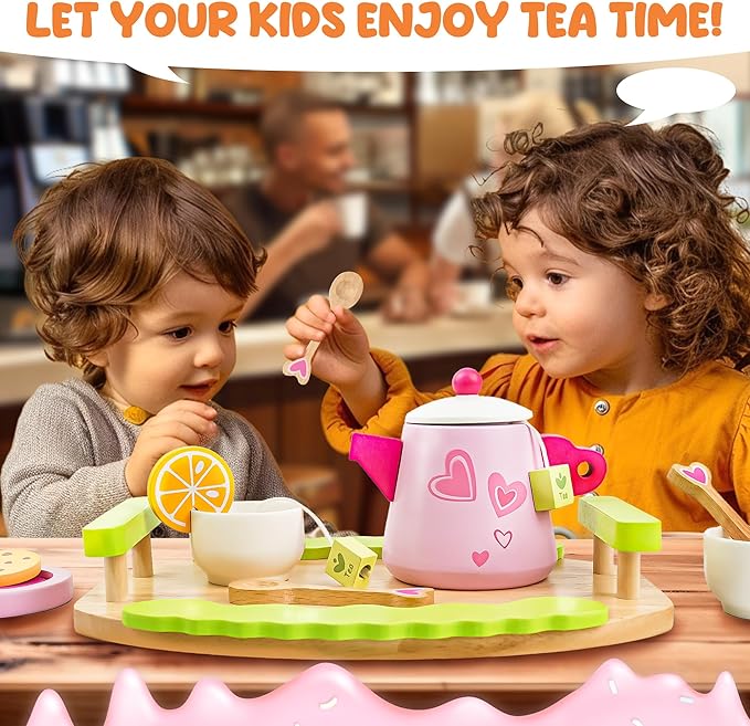 Wooden Play Tea Set for Little Girls - Tea Party Set with Teapot, Cookies, Pretend Play Food and Other Kitchen Accessories, Toys for Girls Boys 3 4 5 6 7 8 Years Old
