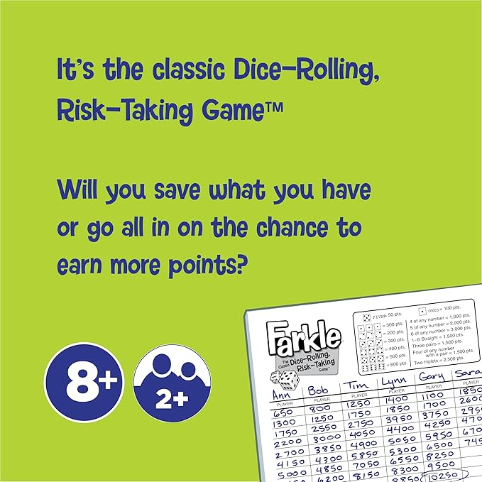 Farkle Classic Dice Game – Kids Games, Dice Games, Family Games, Travel Games, Adult Games, Board Games, Dice Cup, Dice Set, Farkle Score Sheets Included, Ages 8+