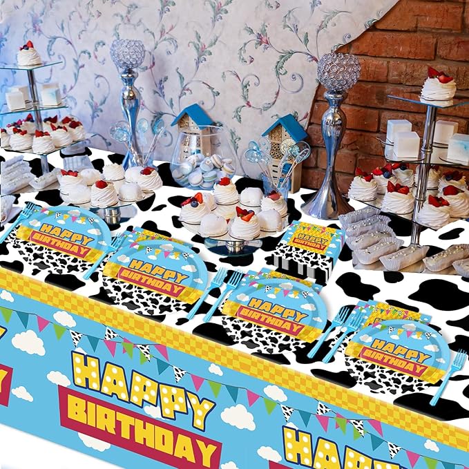 Cartoon Story Birthday Party Supplies Cow Print Party Tableware Includes Cartoon Story Party Plates Napkins Fork and Blue Sky White Clouds Tablecloth for Baby Show Parties Decorations Set Serve 20