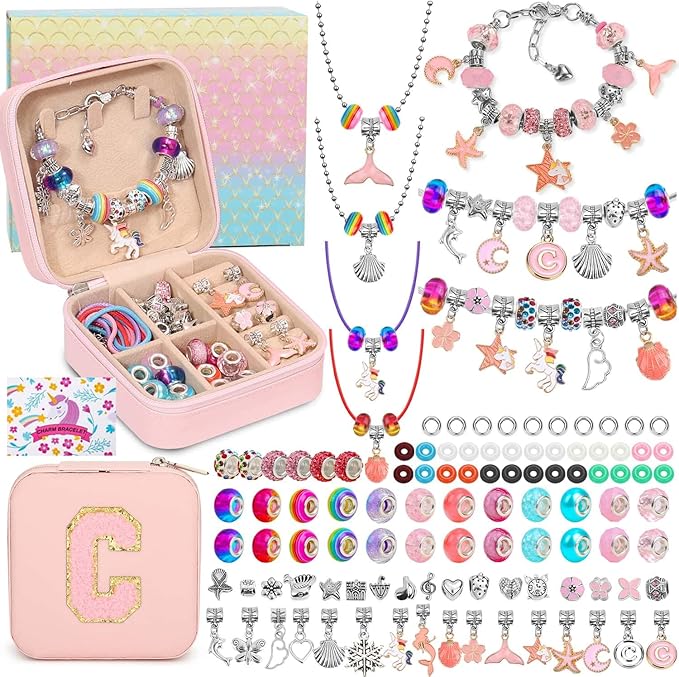 110 Charm Bracelet Making Kit, Jewelry Making Kit for Girls DIY Bead Necklace Kit with Initial Bracelet Box Unicorns Crafts Arts Girls Toys Age 8-12 Birthday Valentines Day Gifts for Kids - C