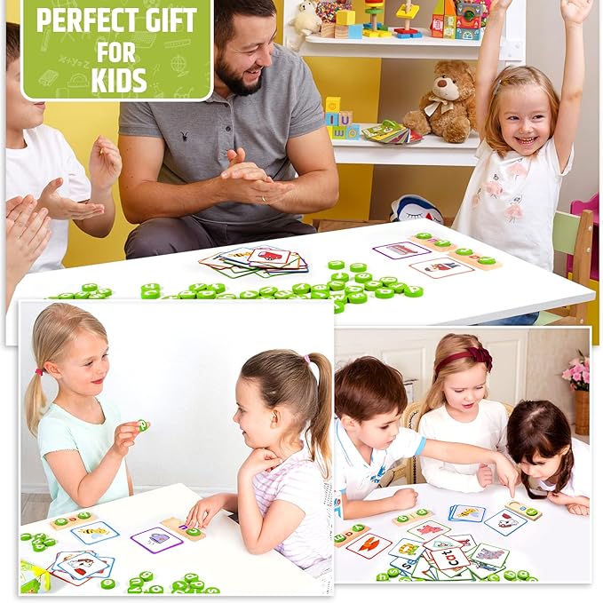 Preschool Kindergarten Learning Activities,ABC Learning for Toddlers,Wooden CVC Word Spelling Games with Flash Cards,Montessori Educational Toys Gifts for 3-7 Years Old Kids,Phonics Books for Readers