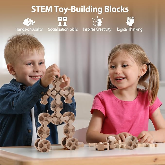 Wooden Blocks, Building Blocks for Toddlers 1-3 Building Toys Montessori Toys Sensory Toys Learning Toys STEM Toys Stacking Toys for Children with Parent-Child Interactive Cards & Storage Bag Ages 3+