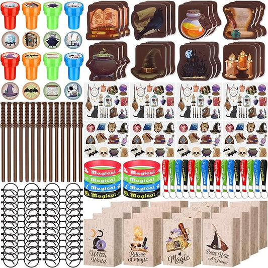 Yexiya 216 Pcs Wizard Party Supplies Magic Theme Birthday Favors with Wizard Wands Pencils Mini Notebook Glasses Bracelet Stickers Gift Bags Favor for Goodie Bag Stuffers Classroom Prizes Supplies