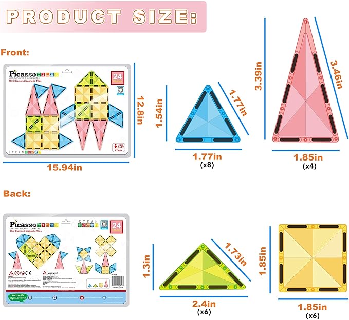 PicassoTiles Magnet Tile Building Blocks Mini Diamond Series Magnetized Toy Travel Size Compact Portable Magnetic Construction Block STEM Sensory Toy Early Education Learning Kids Ages 3+ PTM24