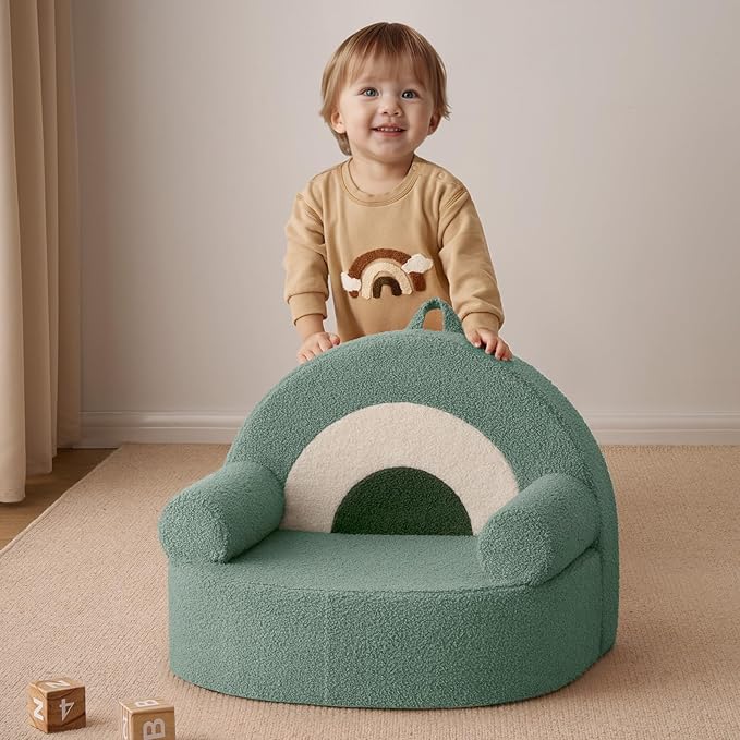 Blissful Diary Toddler Chair Comfy, Foam Kids Chair with Soft Teddy Plush, Toddler Reading Armchair with Cute Rainbow Designs- Sage Green