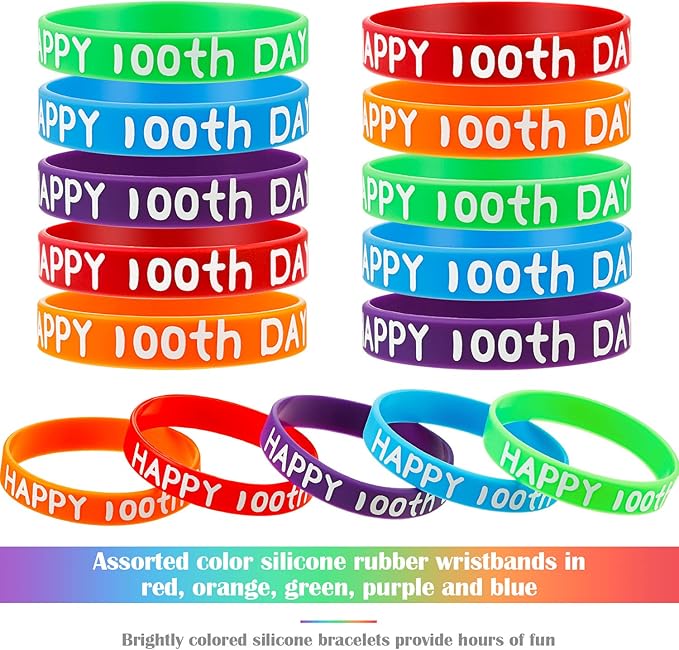 WILLBOND Happy 100th Day of School Silicone Bracelets Colorful Rubber Wristbands Gift for Kindergarten Teacher Student Rewards Classroom Party Supplies Decoration(65)