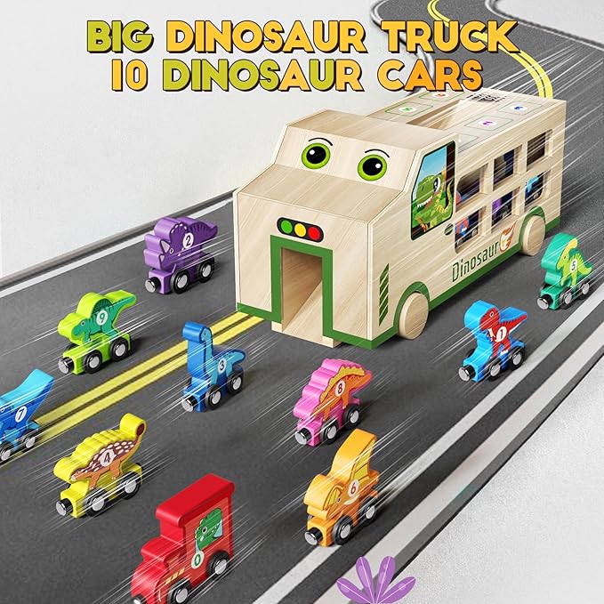 GJZZ Wooden Dinosaur Truck & 10 Magnetic Wooden Dinosaur Train Set | Montessori STEM Toys for Kids 2-5 Years | Toddler Learning Toys, Birthday Gifts for Boys and Girls