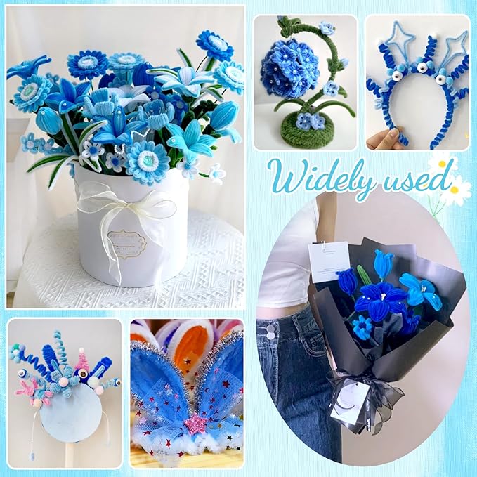 TOAOB 100pcs Pipe Cleaners Lake Blue Chenille Stems Craft Supplies 6mm x 12 Inch Fuzzy Sticks with 100pcs Googly Eyes for Art DIY Crafts Decorations