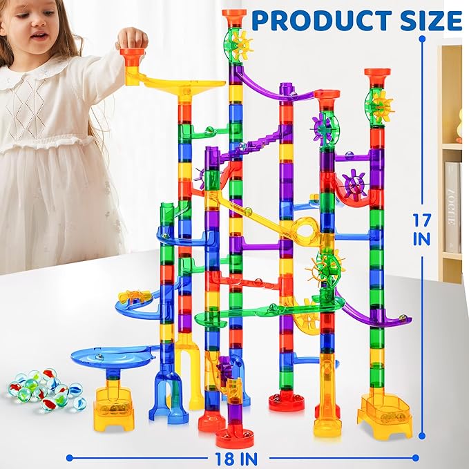 JOYIN 170Pcs Glowing Marble Run, Construction Building Blocks Toys with 5 Glow in The Dark Glass Marbles, STEM Educational Building Block Toy(120 Plastic Pieces + 50 Glass Marbles)
