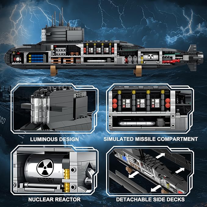 Strategic Nuclear Submarine Toy Building Blocks Set for Adult Kids, WW2 Historical Military Battleship Model Kit with Light, Home Office Decor Collection, Gift for Men Boys Teens 10 12 14 16+ (1498cs)