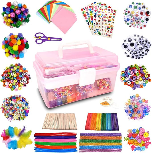 Irichna 1000+ Pcs Art and Craft Supplies for Kids, Toddler DIY Craft Art Supply Set Included Pom Poms, Pipe Cleaners, Feather, Folding Storage Box - All in One for DIY Craft Set (Pink)