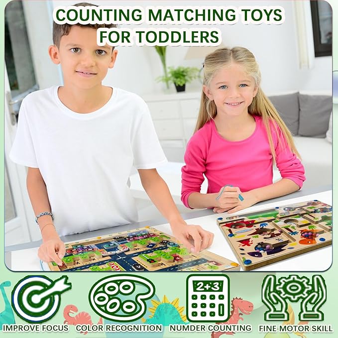 JRD&BS WINL Magnetic Color and Number Maze - Montessori Toys for 3-6Year Old Boys Girls, Wooden Magnet Puzzle Game Board for Toddlers (Dinosaur)