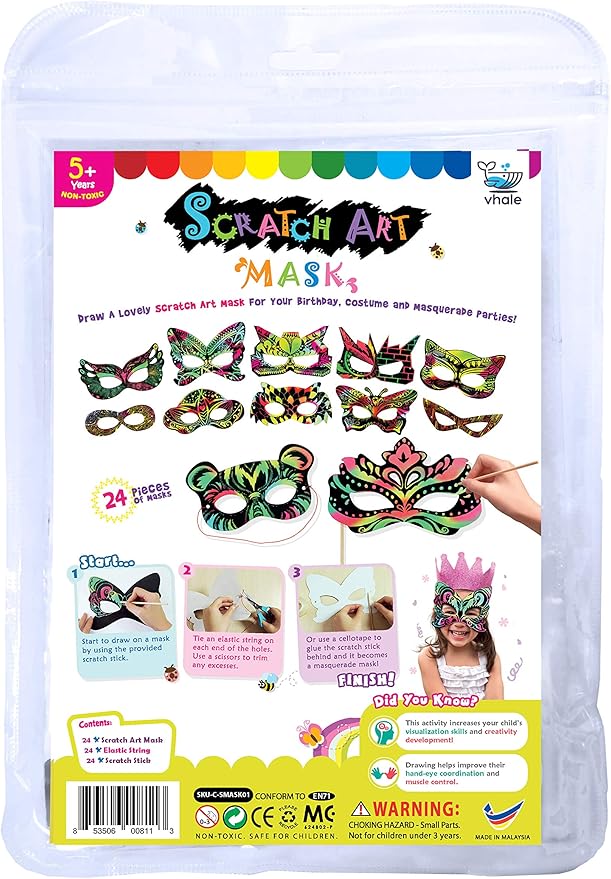 VHALE 24 Sets Rainbow Scratch Paper Art Superhero Masks, Dress Up Halloween Costumes, Creative Classroom Arts and Crafts, Fun Drawings, Travel Toys, Party Favors for Kids