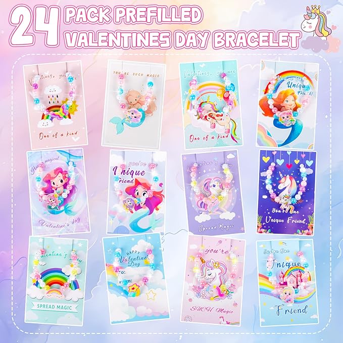 Valentines Day Gifts for Kids Classroom,Unicorn Valentines Cards for Kids School Girls, Princess Valentines Cards and Charm Bracelet, Mermaid Valentines Cards,Valentine Party Favors - 24 Packs