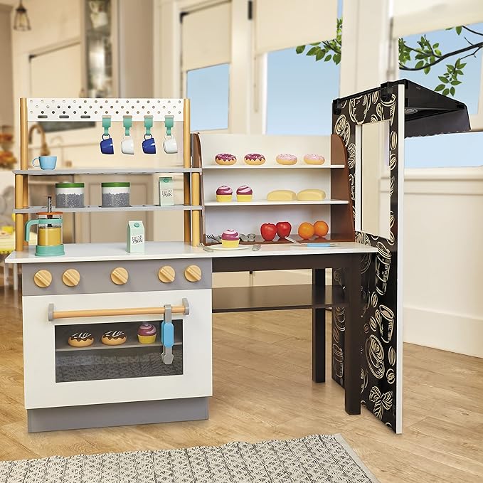Little Tikes Real Wood Café & Bakery Exclusive Wooden Play Kitchen with Realistic Lights Sounds and Dual-Sided, 20+ Accessories Set- Gift for Kids, Toy for Girls Boys Ages 3 4 5+ Years