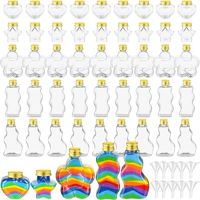 Tanlade 50 Pcs Sand Art Bottles Plastic Sand Art Containers with 10 Funnels Sand Art Bottles Kits for Kids Craft Collection Bottles for Craft DIY Art Activity Party Group, Sand Not Included (Gold)