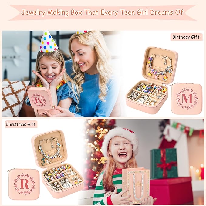 Charm Bracelet Making Kit for Girls 3-12, Kids Jewelry Making Kit 66Pcs Jewelry Kits for Girls Ages 8-12 Jewelry Maker Craft Necklace Birthday Christmas Gifts with Initial Jewelry Organizer Box - F