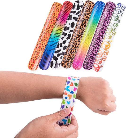 Super Z Outlet Slap On Plastic Vinyl Retro Bracelets with Colorful Hearts & Animal Print Design Patterns for Children, Toy Party Favors (72 Pack)