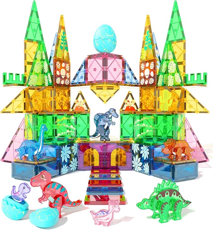 105 Pcs Dinosaur Egg Magnetic Tiles Set - 2 Eggs, 2 Baby Dinos & 5 Large Dinosaurs Toys for Kids 3-5, Magnet Building Blocks for Toddlers 1-3 & Kids Ages 4-8