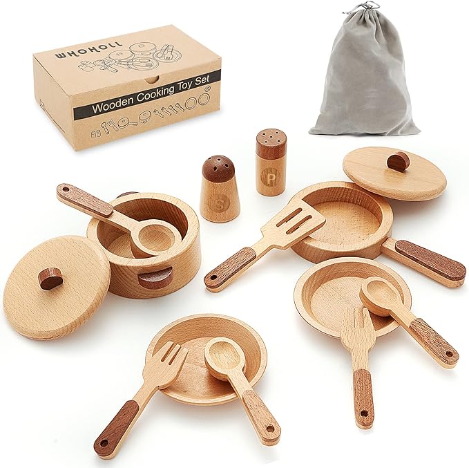 WHOHOLL Play Kitchen Accessories, Wooden Kitchen Sets for Kids, Toy Pots and Pans for Kids Kitchen, Toddler Cooking Toys for Kids Ages 3-5, Montessori Kitchen Tools for Boys Girls Gifts (Large)