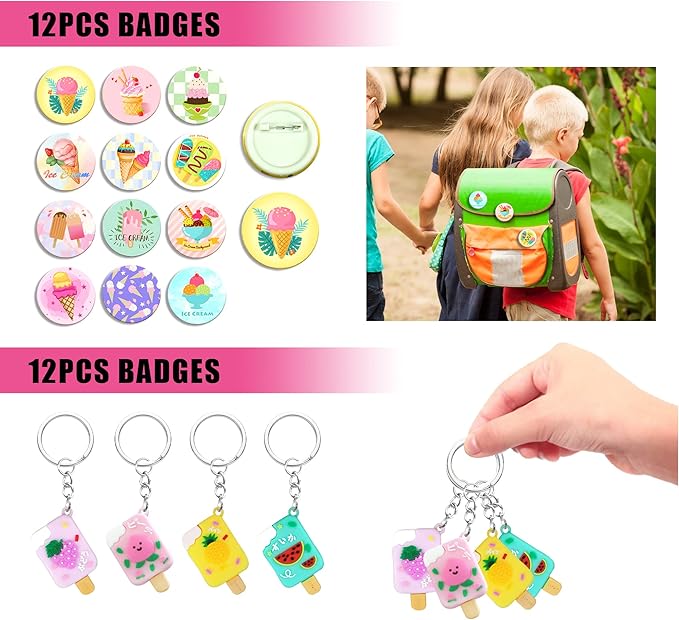 110 PCS Ice Cream Party Favors Cute Ice Cream Necklace Goodie Bags with Keychains, Stickers, Rubber Bracelets, Button Pins and Bags for Summer Themed Birthday Party Baby Shower