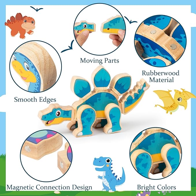 Dinosaur Snap Building Toys - Dinosaurs Snap Together Wooden Build Blocks Kits, Happy Little Animals Game, Educational Learning Wood Magnetic Take Apart Playset Toy, Birthday Gifts for Kids