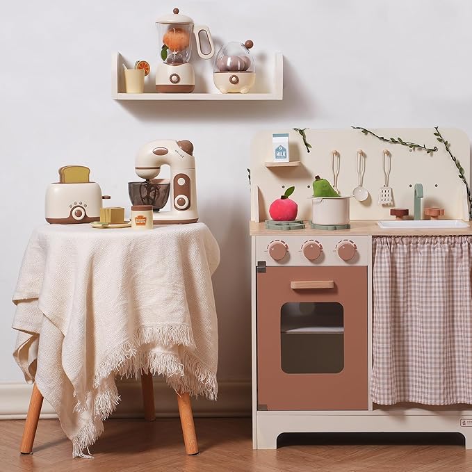 ROBOTIME Kids Toy Kitchen Set - Wooden Play Kitchen Appliances with Toaster, Mixer, Blender with Realistic Sounds, Play Kitchen Accessories Toy Food Set for Kids - Kitchen Playset for Toddlers(4-Set)